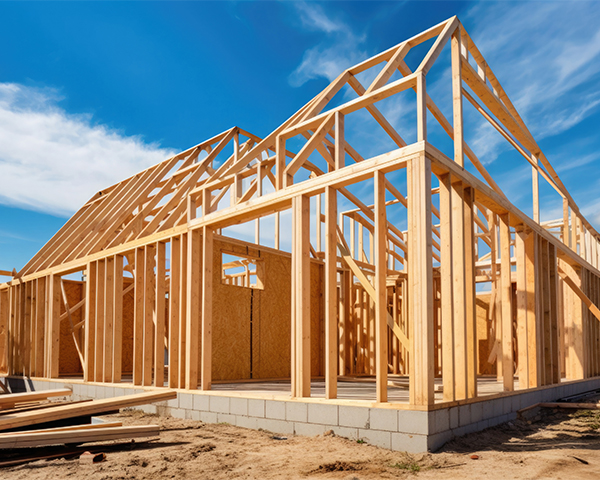New house construction. Wooden frame with truss, post and beams. Generative AI